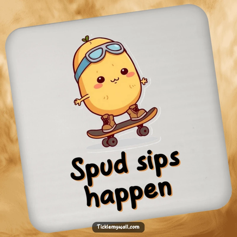 Funny Potato Skater Coaster: A determined potato character on a skateboard, protecting surfaces with humor and style.