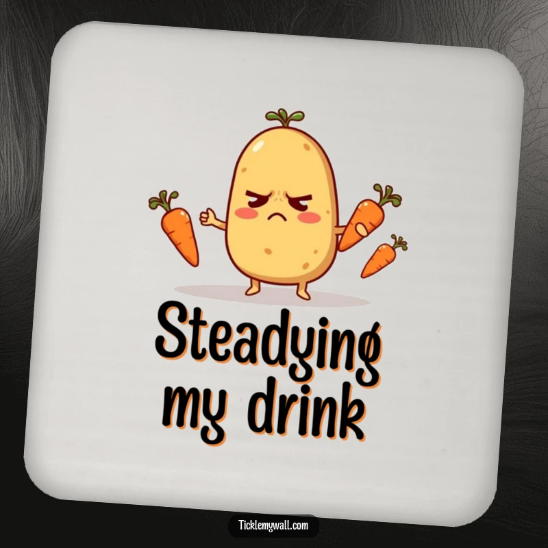 Funny Coaster: A nervous potato character juggling tiny carrots, protecting surfaces with comical charm.