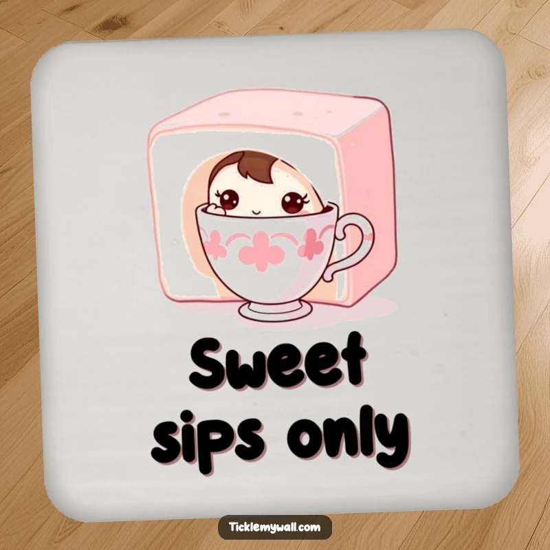 Funny Shy Teacup Coaster: A shy teacup character hiding behind a sugar cube, adding sweet charm to tabletops.
