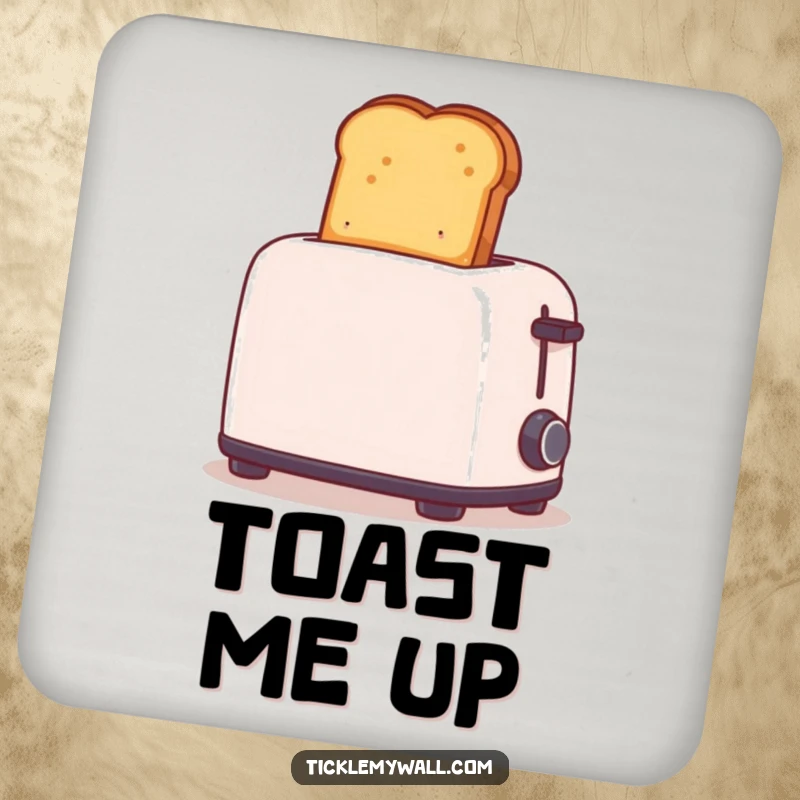 Funny drink coaster showing toast popping out of a toaster too high. A humorous and protective accessory for any surface.
