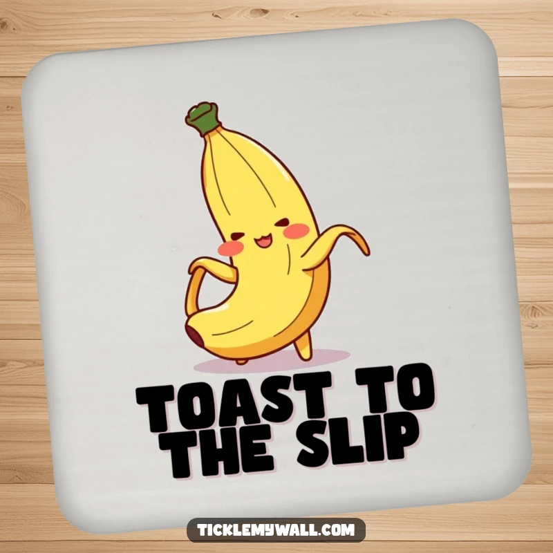 Funny Banana Peel Slip Coaster: A blushing banana peel character comically slipping, protecting surfaces with humor.