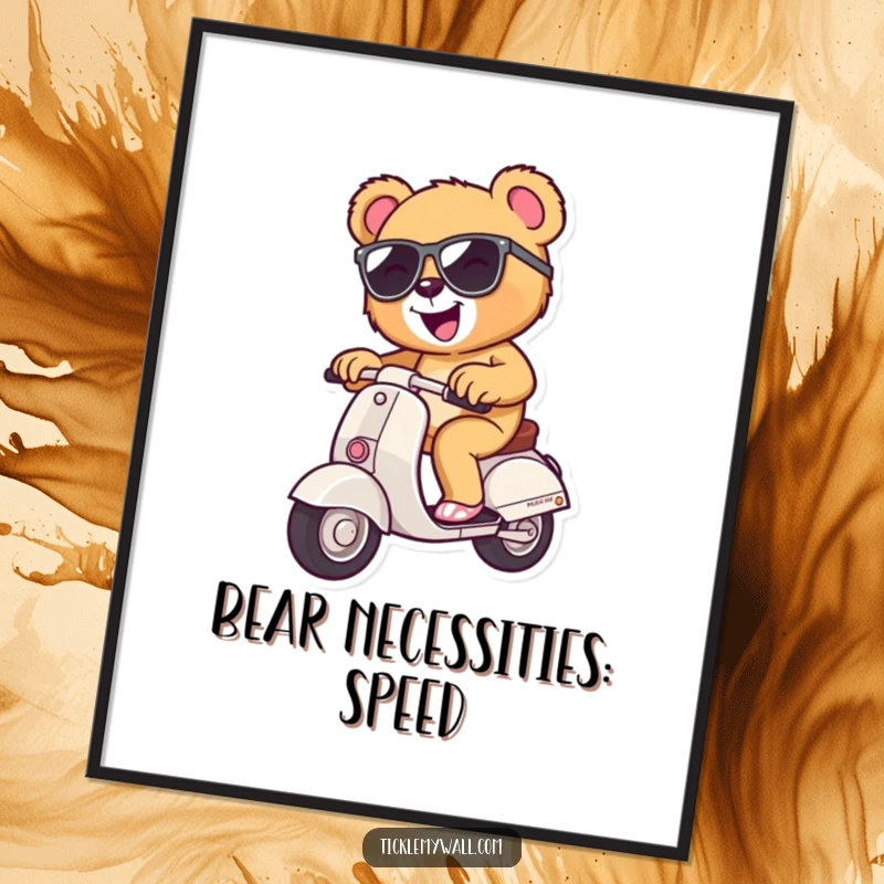 Funny teddy bear wearing sunglasses, confidently riding a small scooter, colorful graphic art poster for funny decor.