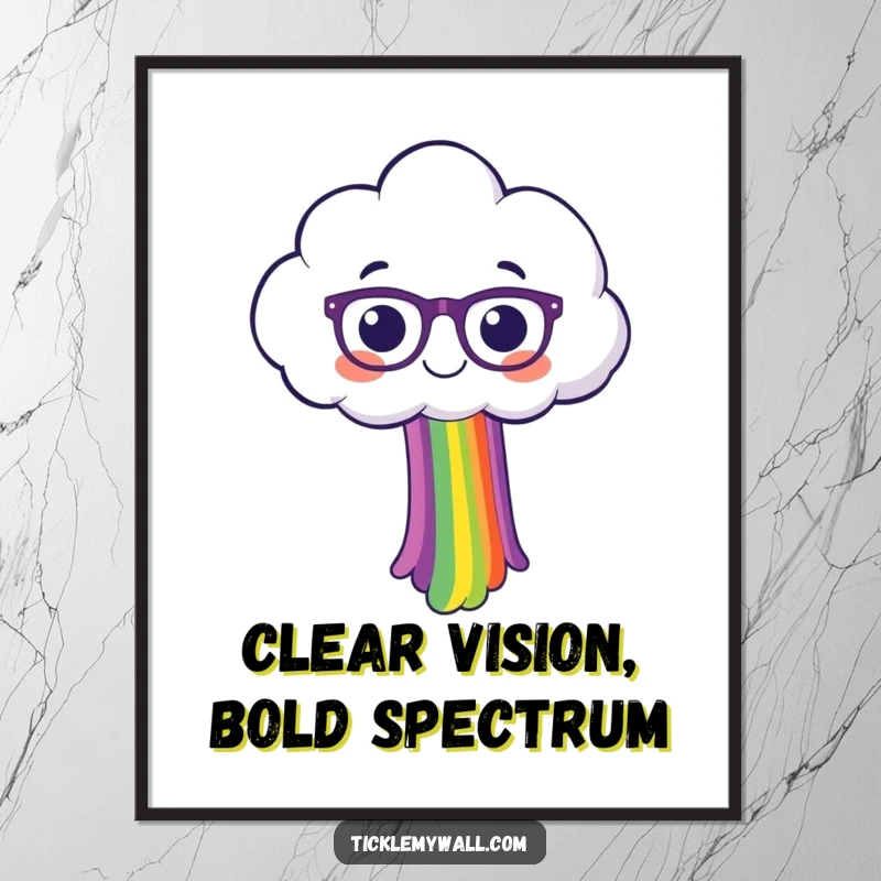 Funny, cheerful cloud illustration wearing eyeglasses, actively pouring a vibrant, multi-colored rainbow, framed as a wall poster.