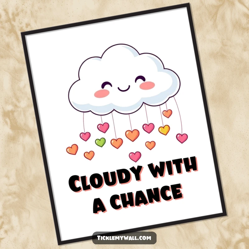 Funny poster art of a smiling cloud raining down tiny, colorful, bouncing hearts, ideal for cheerful wall decoration.