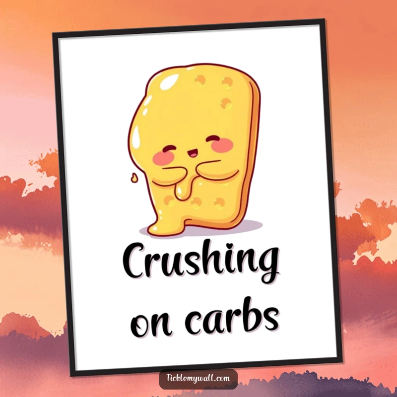 Funny poster art of a charming melted cheese blob hugging a giant cracker, a humorous and relatable food illustration.