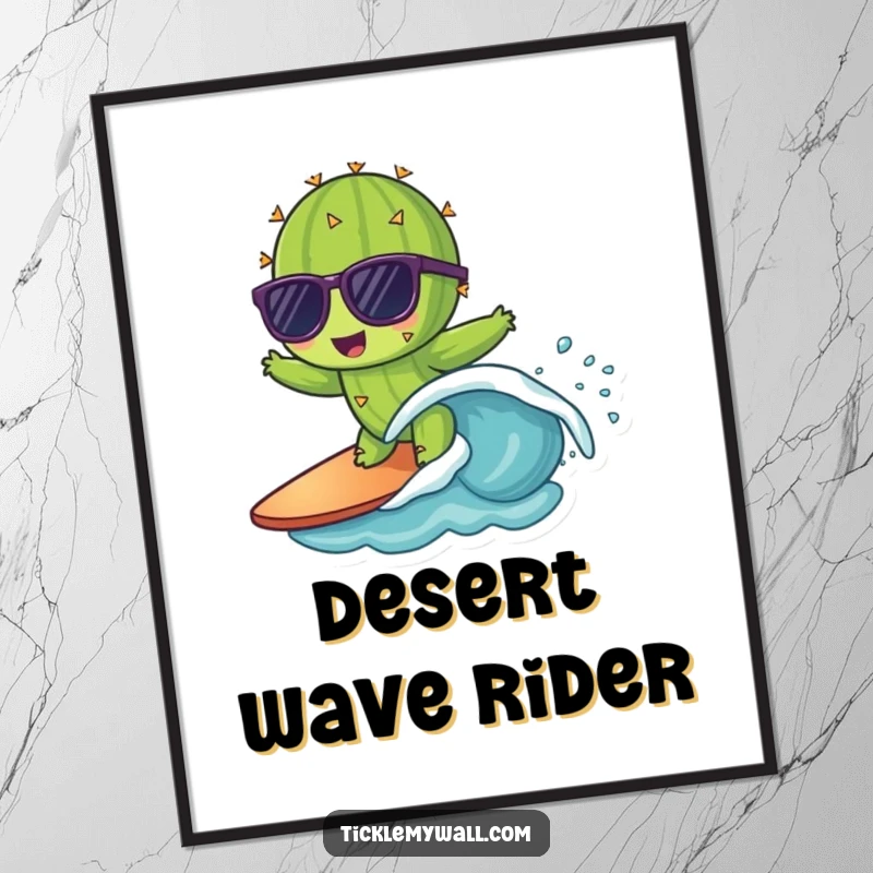 Funny poster print of a cactus with sunglasses surfing a tiny wave, a cool and humorous wall decoration.