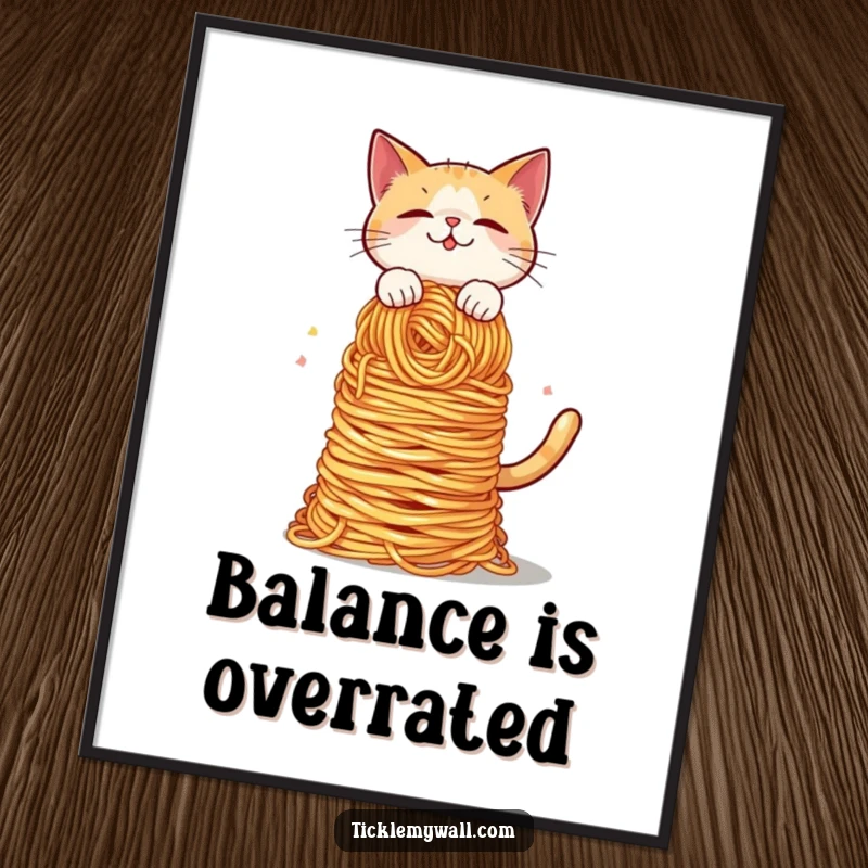Funny Cat Spaghetti Balance Poster: A comical cat precariously balances an excessive amount of spaghetti, perfect funny wall art.
