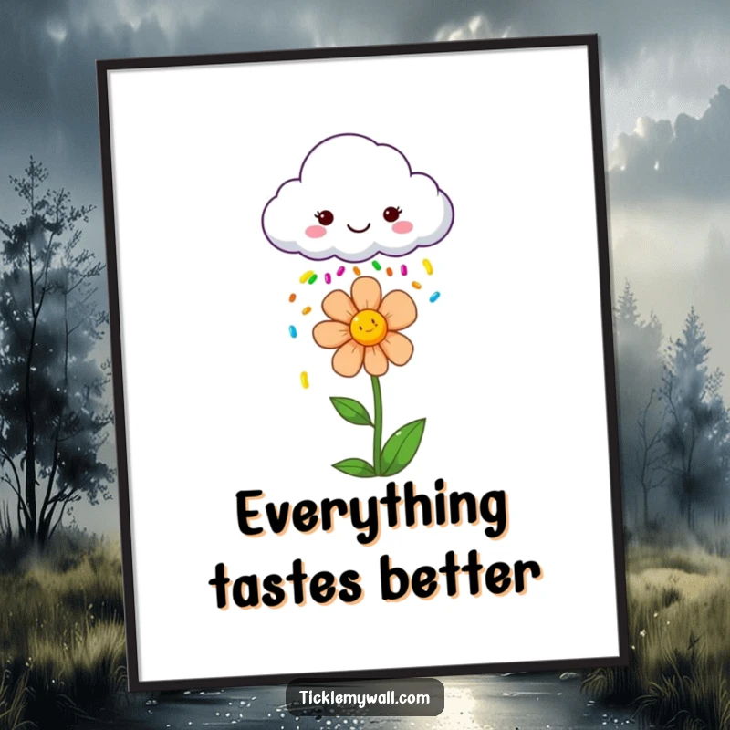 Funny poster showcasing a happy cloud showering a blooming flower with a colorful sprinkle rain, creating a joyful atmosphere.