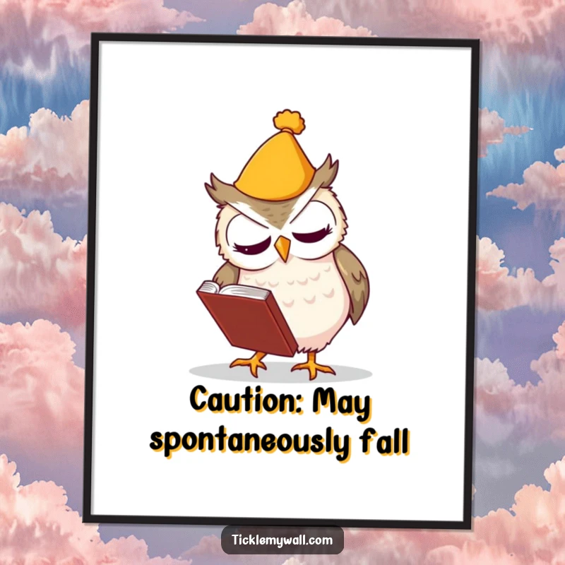 Funny poster featuring a clumsy owl wearing a hat, fumbling a book, creating a humorous and artistic scene.