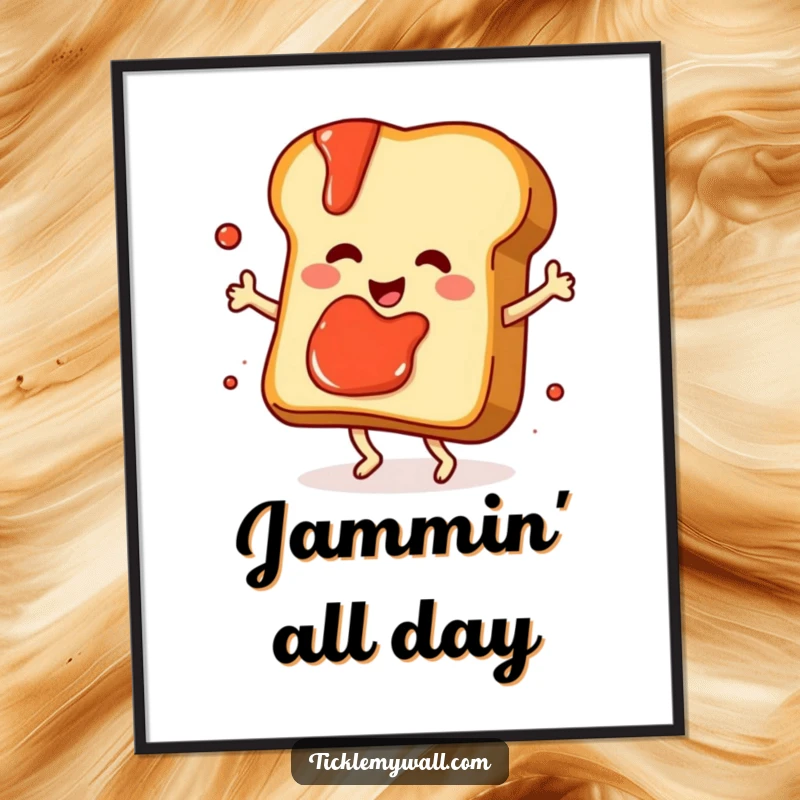 Funny dancing slice of toast with jam splattering playfully, displayed as a humorous art poster for kitchen decor.
