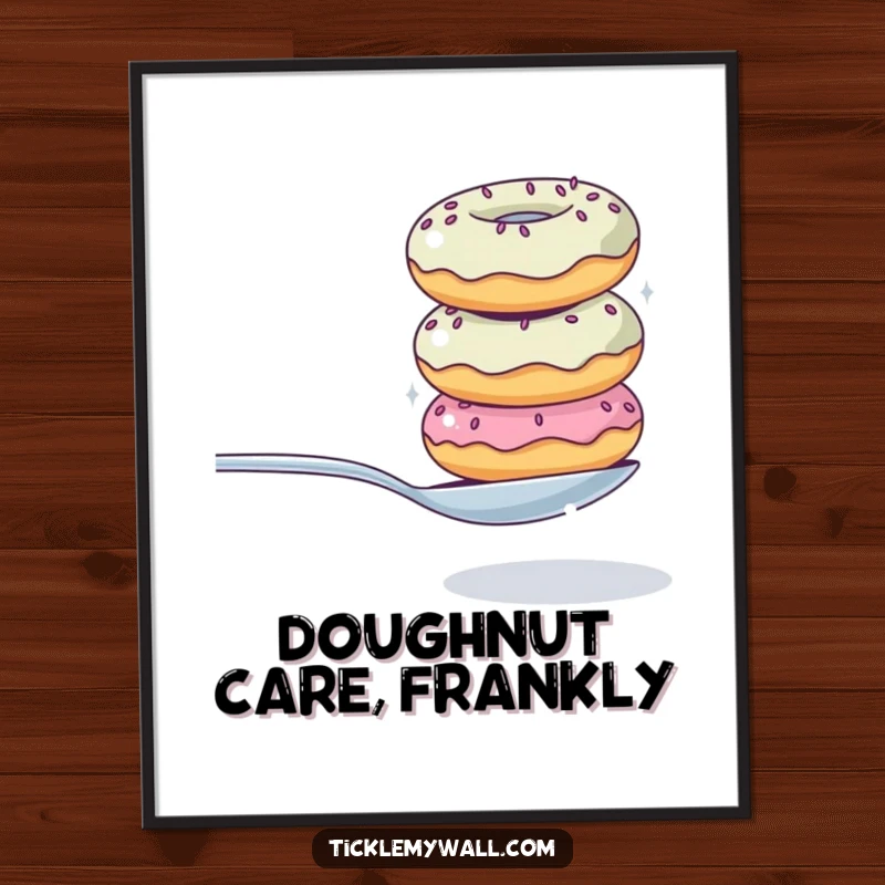 Funny poster art of a wobbly donut stack hilariously attempting to balance a spoon, a charming and humorous piece for wall decor.