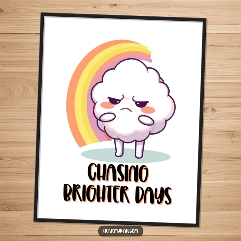 Funny Poster: A grumpy cloud character reaching for a rainbow, creating a humorous and visually interesting display.