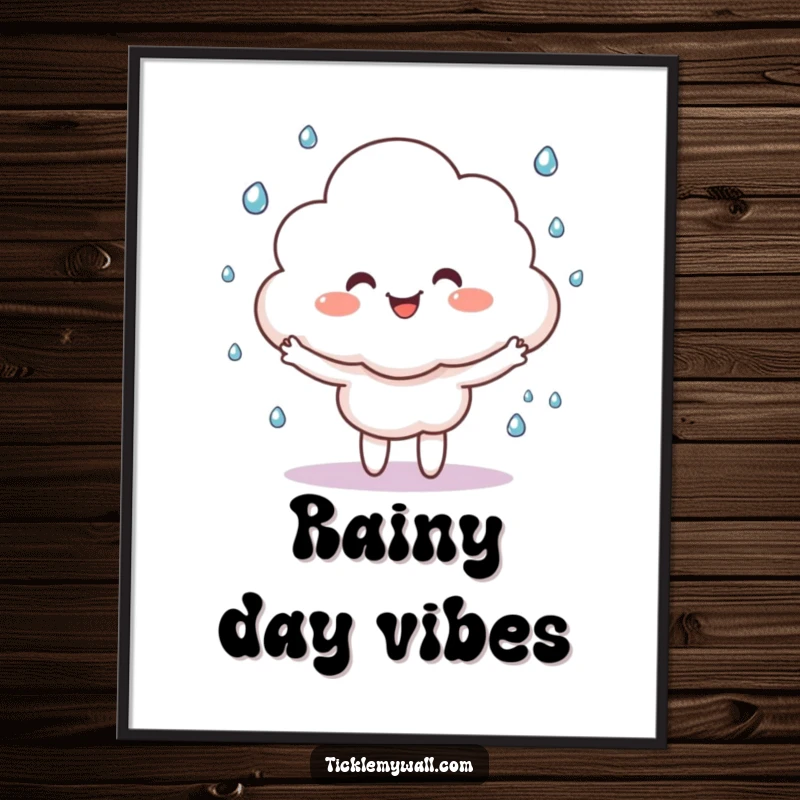 Funny happy cloud character juggling tiny raindrops, displayed as a humorous art poster for wall decoration.