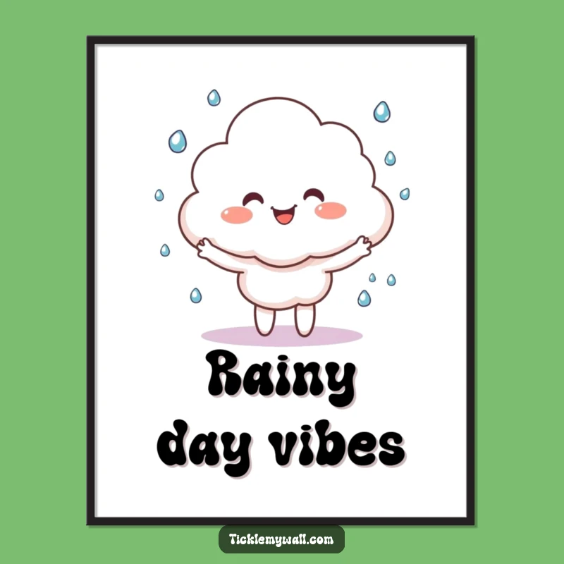 Funny Happy Cloud Poster, Juggling Raindrops Art, Whimsical Weather Decor