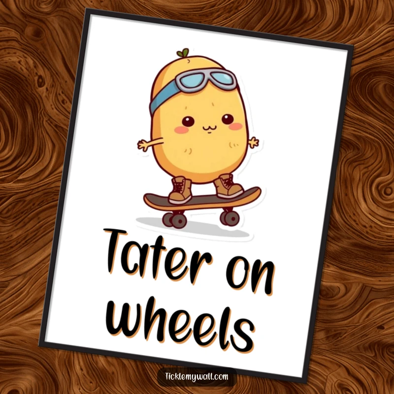 Funny Potato Skater Poster: A determined potato character in small boots riding a skateboard, showcasing action and humor.
