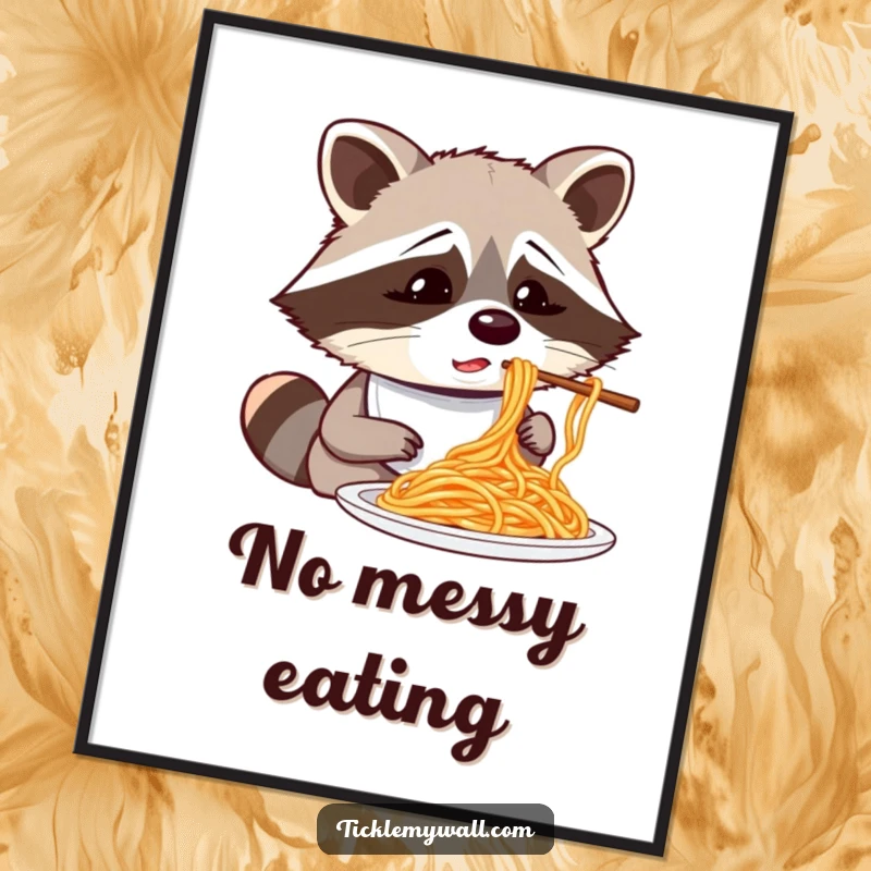 Funny confused raccoon wearing a bib attempting to eat spaghetti with chopsticks, a humorous and vibrant poster.