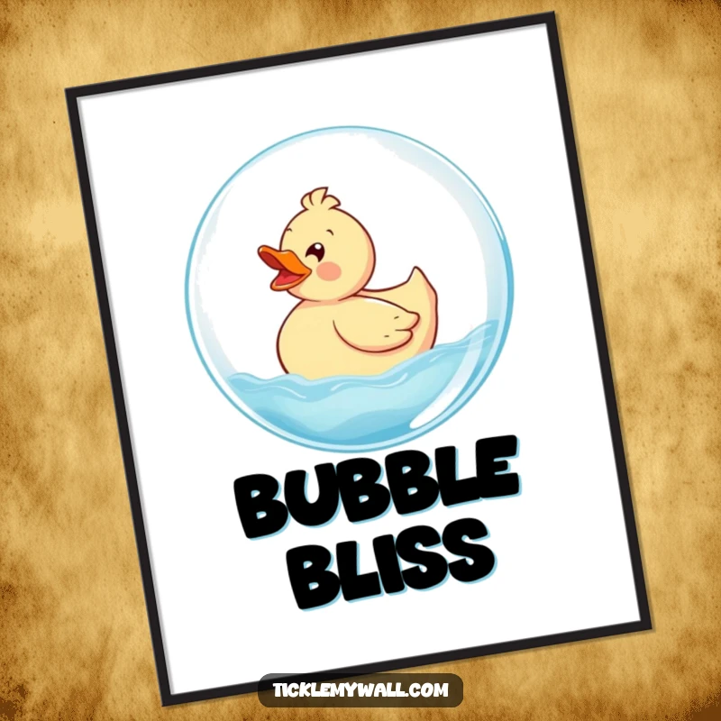 Funny Rubber Ducky Poster illustrating a delighted ducky blissfully riding a massive bubble, creating a whimsical and joyful wall decoration.