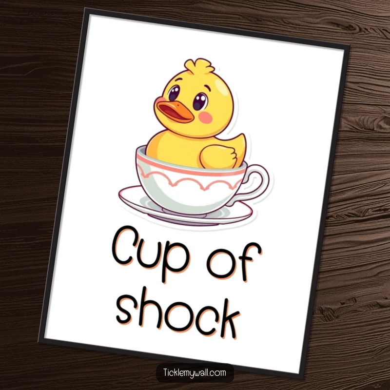 Funny Rubber Ducky Teacup Poster: A surprised rubber ducky floating in a teacup, humorous and charming wall art.
