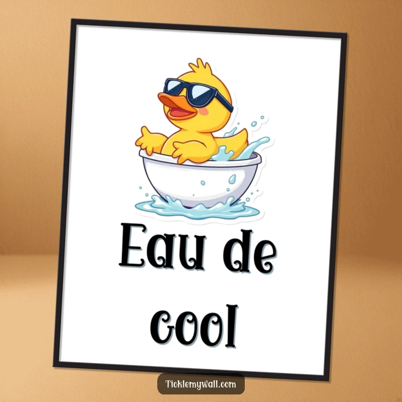 Funny rubber duck in sunglasses launching from a bathtub splash, a humorous and vibrant poster for wall decor.