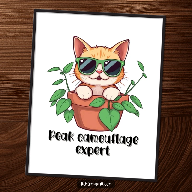 Funny surprised cat wearing oversized sunglasses peeking from a potted plant, displayed as a humorous art poster for wall decoration.