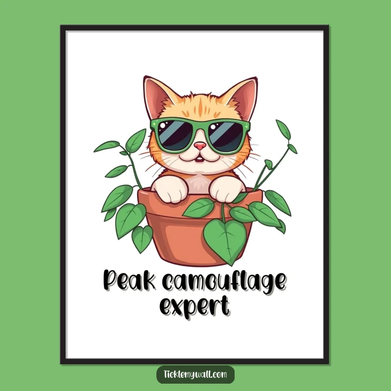 Funny Surprised Cat Poster, Oversized Sunglasses Decor, Quirky Plant Art for Walls