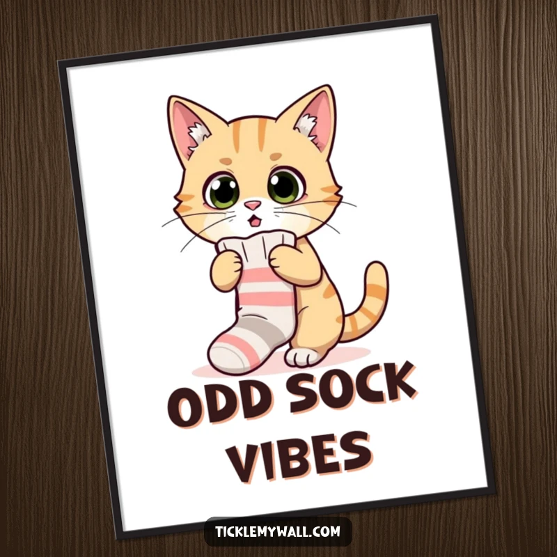 Funny poster of a surprised cat comically failing to wear a tiny sock, perfect for adding humorous wall art.