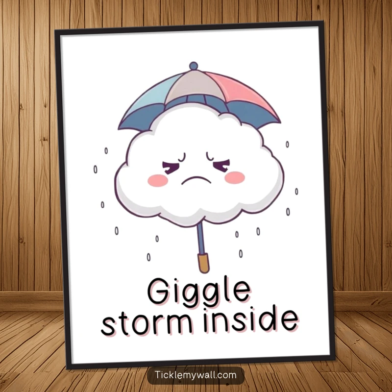 Funny Grumpy Cloud Poster, a grumpy cloud under a tiny umbrella, raining drops of laughter, humorous wall art.
