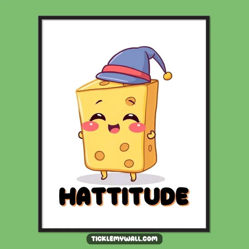 Funny Cheese Hat Poster: Giggling Cheese Slice Tries Tiny Hat, Whimsical Funny Gift Art
