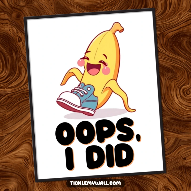 Funny banana peel poster, tripping a surprised shoe, humorous wall art, perfect funny gift.