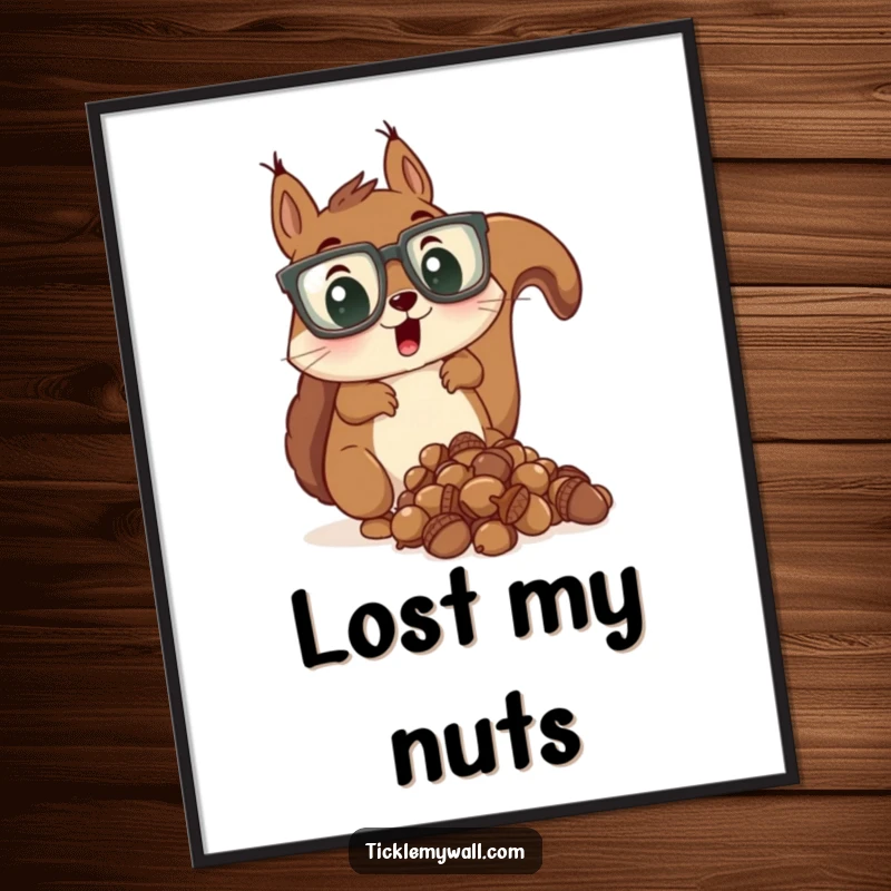 Funny poster art of a surprised squirrel wearing oversized glasses, dropping a pile of acorns, symbolizing humor.