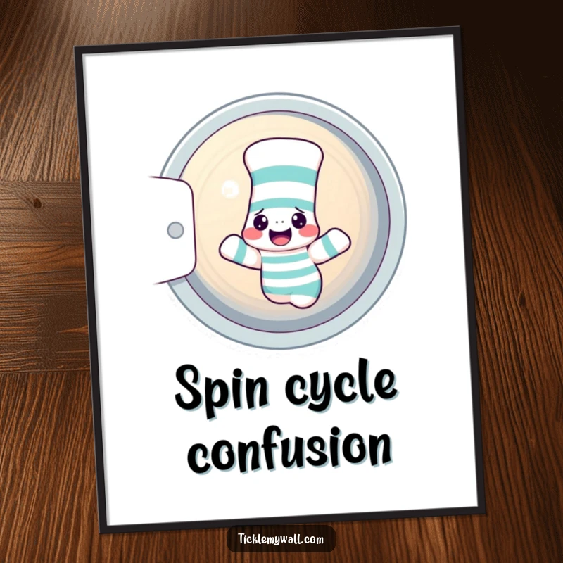 Funny sock dryer poster depicting a confused sock and sock puppet tumbling in a laundry machine, great for humorous wall art.