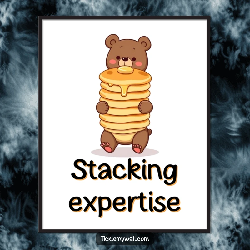 Funny poster art of a clumsy bear comically attempting to balance a wobbly stack of three pancakes. Whimsical breakfast-themed wall decor.