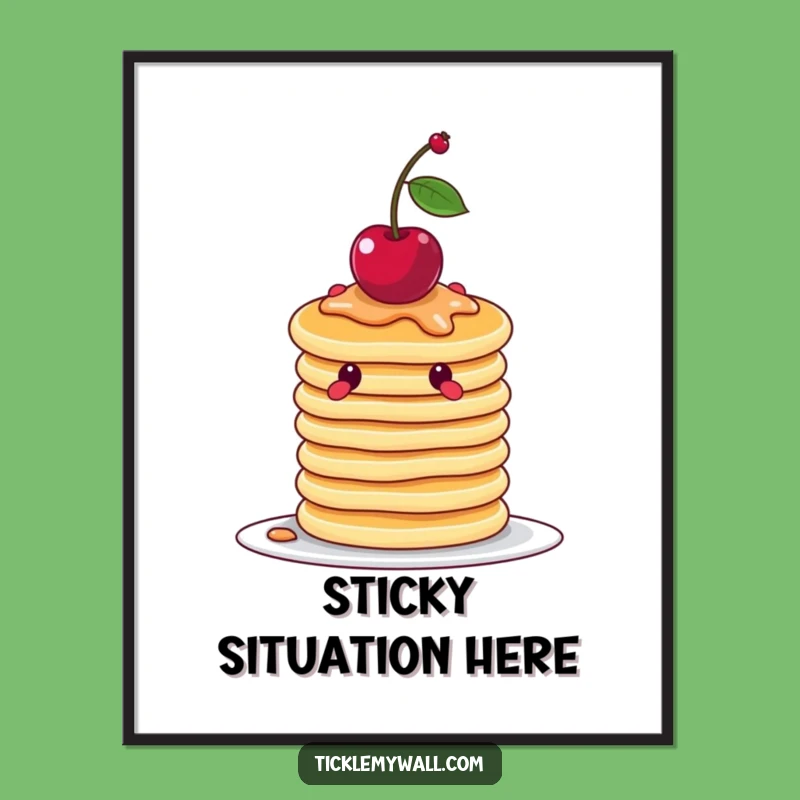 Funny Wobbly Pancake Poster, Balancing Cherry Art, Quirky Breakfast Decor