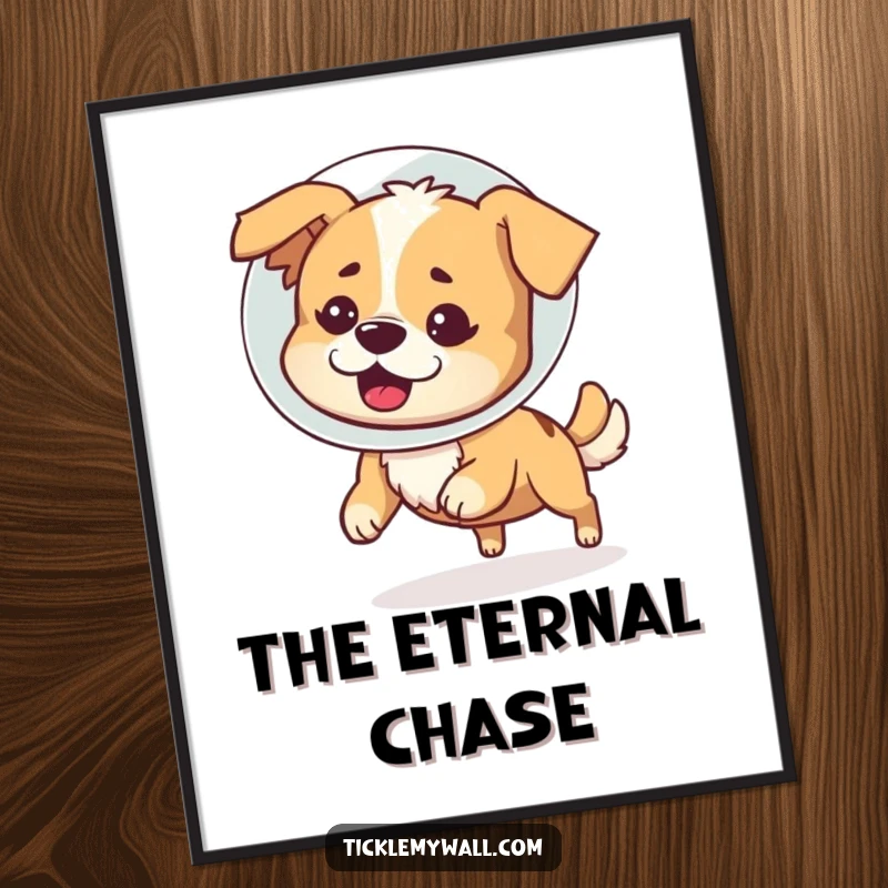 Funny poster illustration of a bewildered dog in a cone of shame, hilariously attempting to catch its own tail, perfect wall decor.