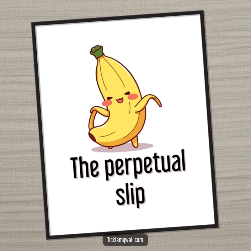 Funny Banana Peel Slip Poster: A blushing banana peel character in a comical, dramatic slip, perfect for brightening any wall.