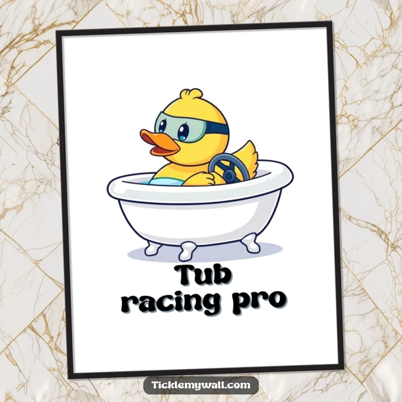 Funny poster showing a rubber duck aggressively steering a bathtub at high speed, like a thrilling race car.