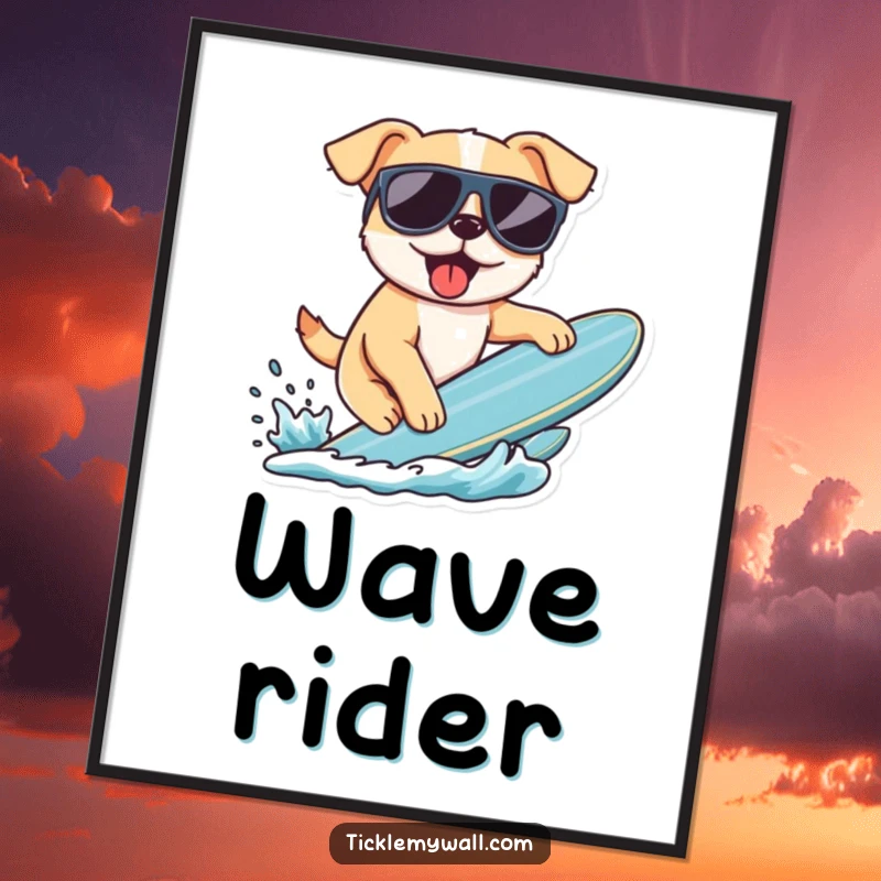 Funny poster art of a dog wearing sunglasses, attempting to surf on a board. A comical and stylish illustration for beachy decor.