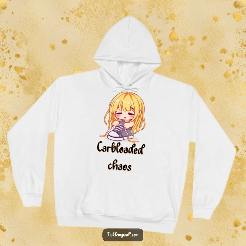 Funny Spaghetti Noodle Hoodie, a spaghetti strand humorously trying to tie its shoelaces, for cozy, comical wear.