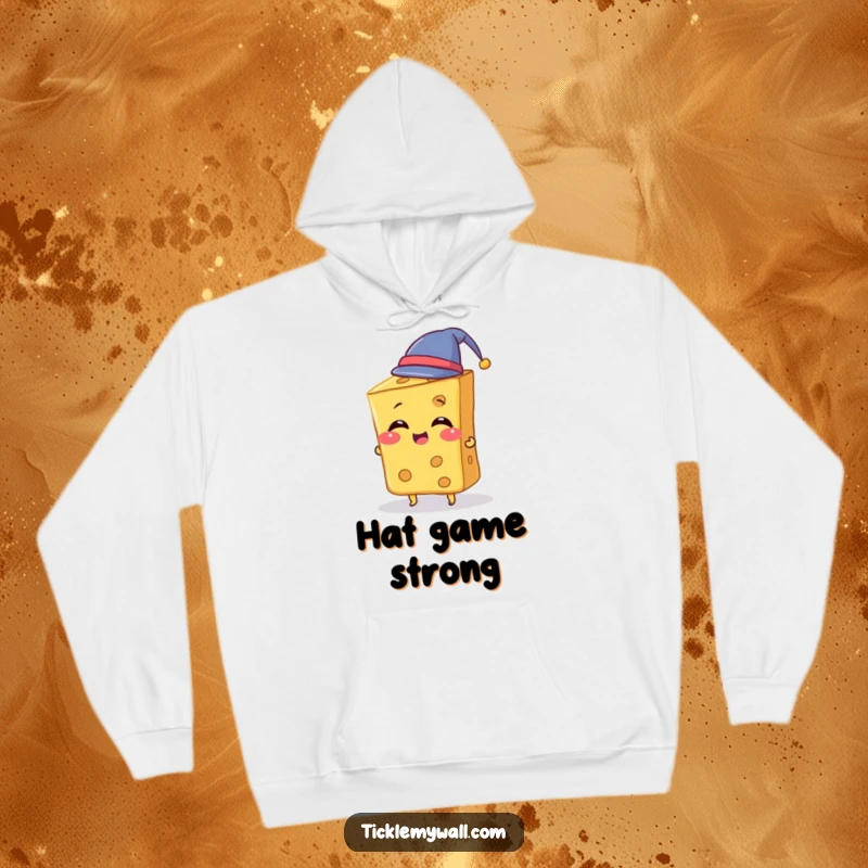 Funny Cheese Hoodie showing a giggling slice of cheese attempting to wear a tiny hat, perfect for cozying up with cheesy humor.