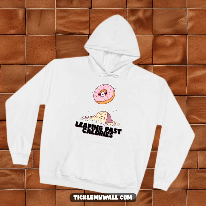 Funny donut hoodie depicting a motivated donut soaring over a chaotic sprinkle obstacle, designed for comfort and laughs.