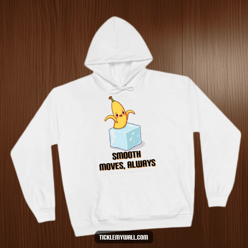 Funny hoodie print of a banana peel comically slipping on a tiny ice cube, a scene of hilarious, unexpected action.