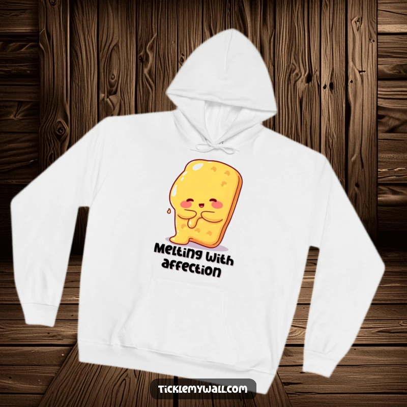 Funny hoodie depicting a charming melted cheese blob attempting to hug a large cracker, cozy and humorous.