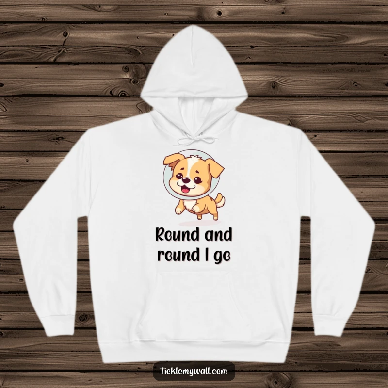 Funny hoodie featuring a dizzy dog in a veterinary cone humorously chasing its tail, a warm and witty gift for dog lovers.