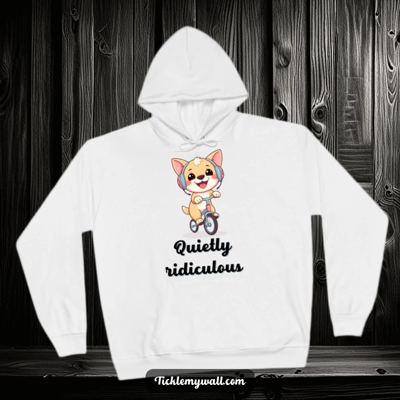 Funny hoodie print of an ecstatic dog wearing earmuffs, perfectly balanced on a tiny unicycle, a delightful comedic scene.