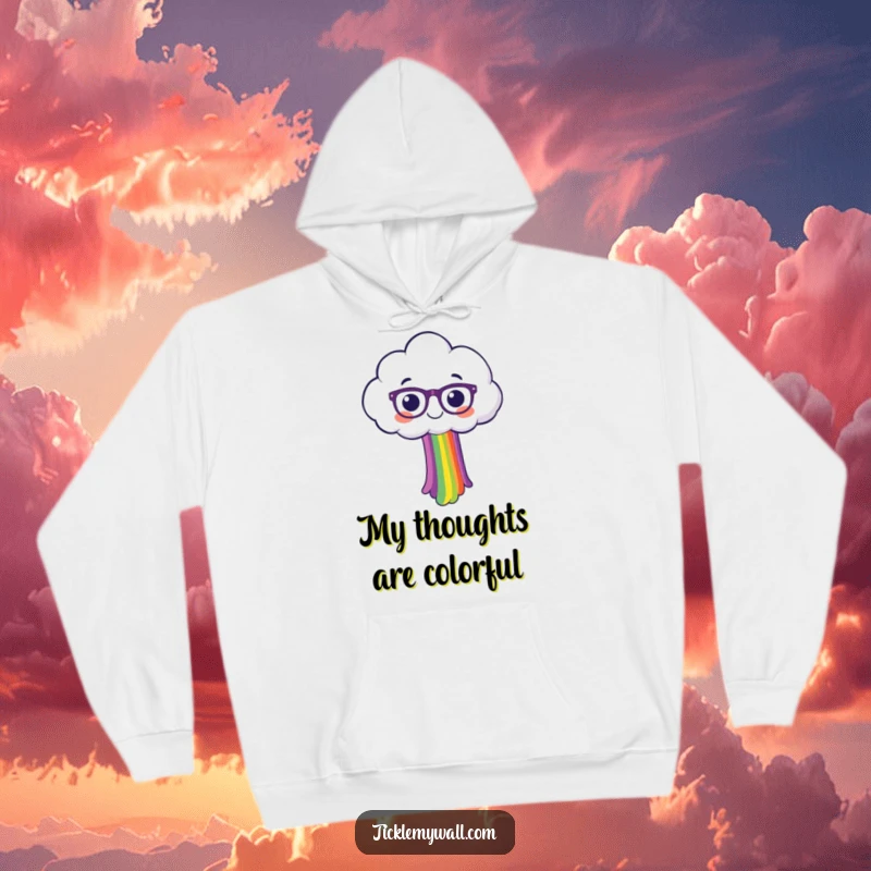 Funny, anthropomorphic cloud wearing glasses, gleefully releasing a vivid rainbow, featured on a soft, warm hoodie.
