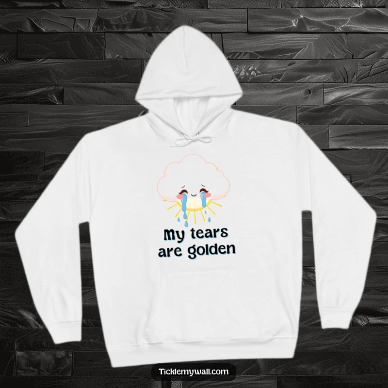 Funny fluffy cloud weeping tears of joy onto a sun, cozy hoodie, whimsical and happy comfort gift.