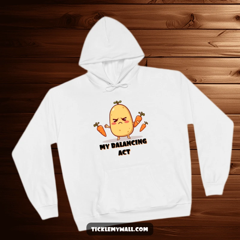 Funny Hoodie: A stressed potato character trying to juggle miniature carrots, exuding relatable comedic anxiety.