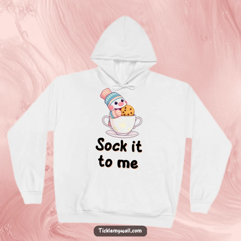 Funny hoodie showing a sneaky sock puppet stealing a cookie from a startled teacup, a warm and comical apparel.