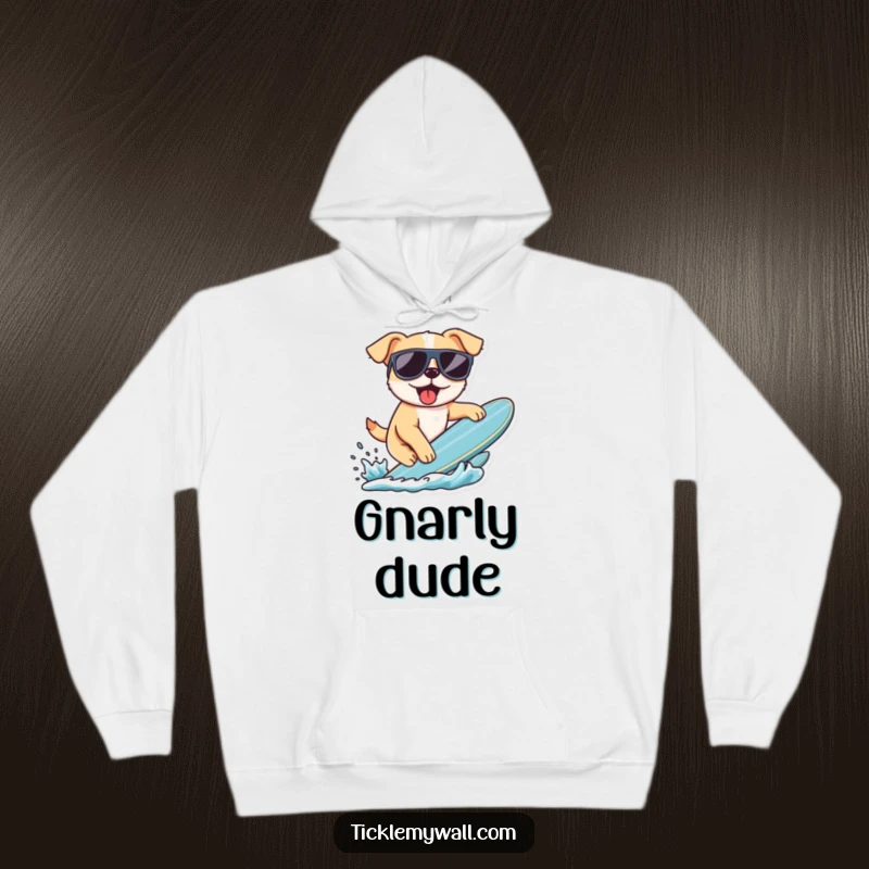 Funny hoodie with a cool dog wearing sunglasses, trying to surf. A warm and witty design for casual wear and gifting.