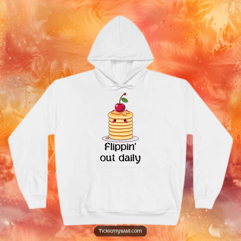 Funny wobbly stack of pancakes attempting to balance a cherry, featured on a soft hoodie for cozy, humorous wear.